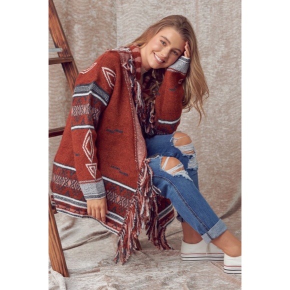 SOLD OUT Cowichan Boho Aztec Native Fringe Print Soft Knit Cardigan Sweater - Picture 3 of 9